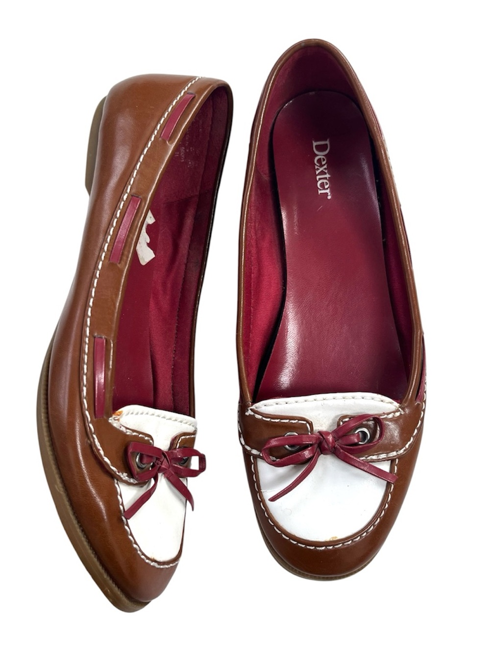Dexter Brown and White Leather Loafers with Burgundy Accents